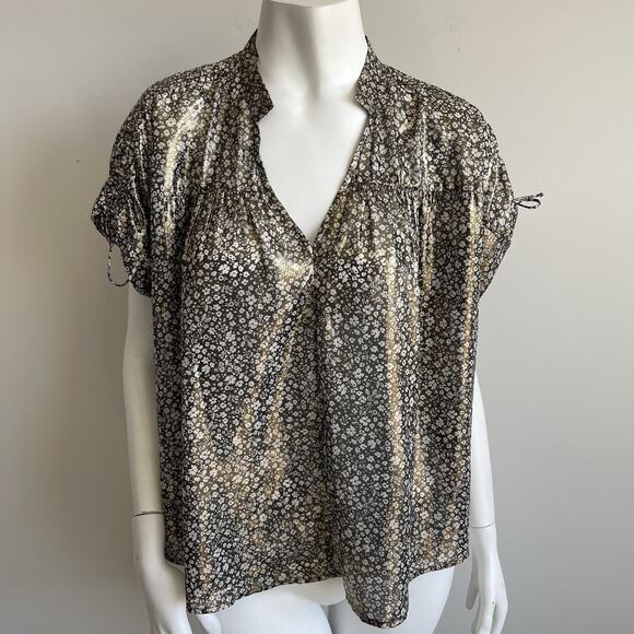 Anthropologie Current Air Metallic Gold Shimmer Ditsy Floral Top Size Small - Picture 2 of 11
